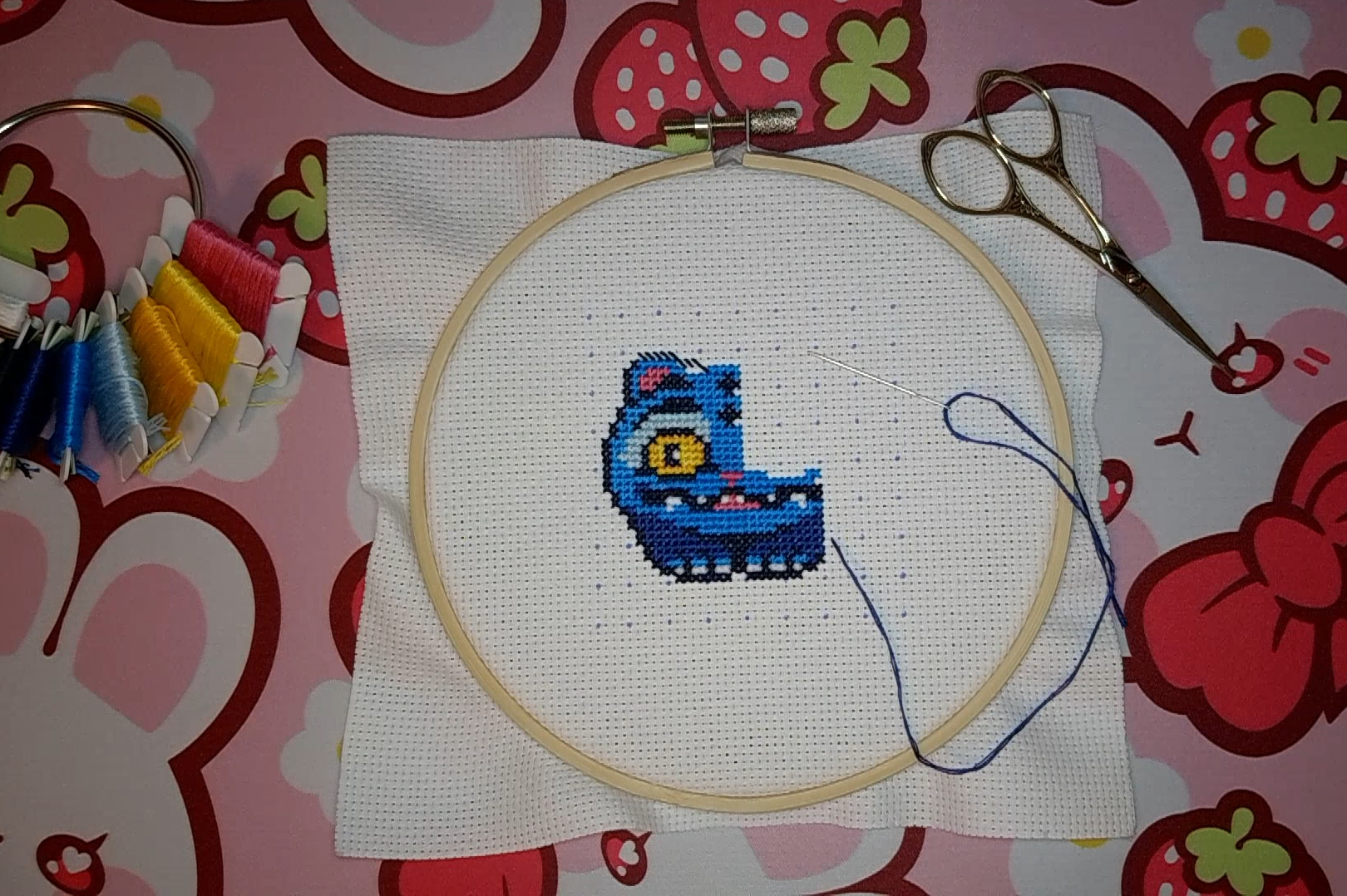 cross stitch project of Derpy tiger from K-Pop Demon Hunters